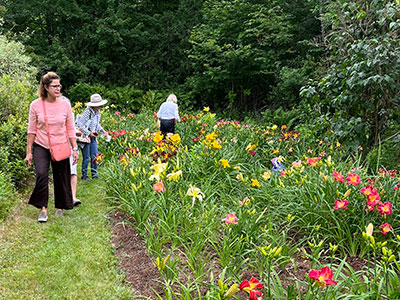 Women walking through a garden looking at a flower bed
